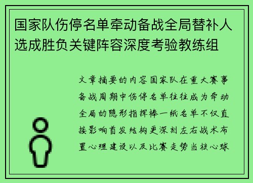 国家队伤停名单牵动备战全局替补人选成胜负关键阵容深度考验教练组